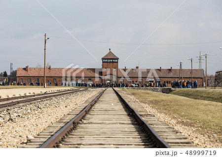Rail entrance to concentration camp at Auschwitz Birkenau KZ Poland March 12, 2019 Rail entrance to concentration camp at Auschwitz Birkenau KZ Poland March 12, 2019 48999719