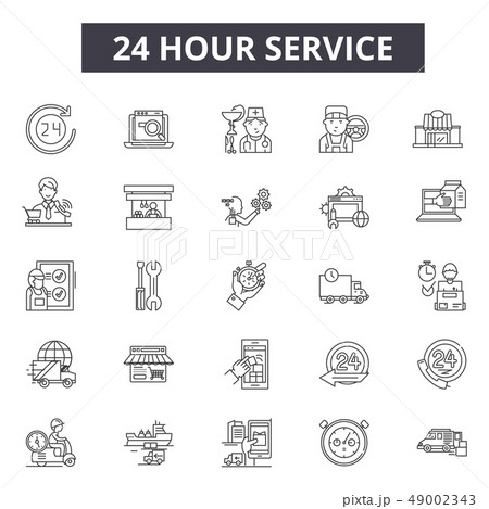 24 hour services line icons. Editable stroke signs. Concept icons: support,assistance,clock,open 49002343