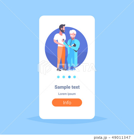 senior doctor examining male patient by stethoscope checking heart beat or breath medicine 49011347