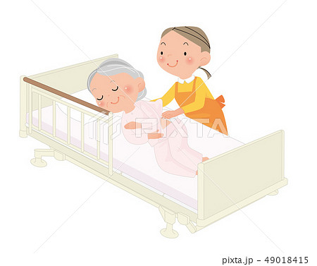 寝たきり高齢女性 体を拭いているホームヘルパーさん のイラスト素材