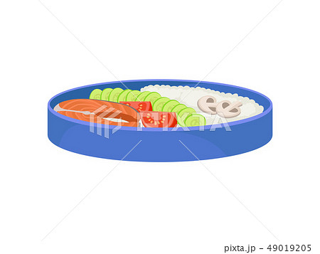 Japanese food in blue lunch box. Bento concept. Japanese food in blue lunch box. Bento concept. 49019205