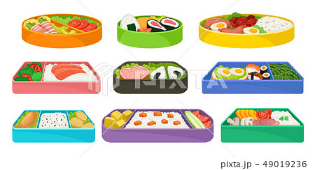 Japanese food in colorful lunch boxes set. 49019236