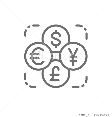 Currency exchange, foreign money, coin of dollar, euro, yen, pound line icon. 49019851