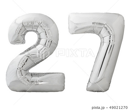 Silver number 27 twenty seven made of inflatable balloon isolated on white Silver number 27 twenty seven made of inflatable balloon isolated on white 49021270