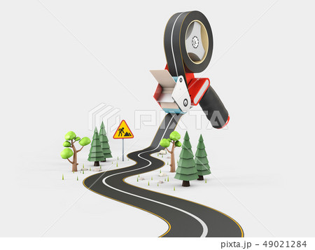 Curved road with white markings and tape dispenser. 3d illustration Curved road with white markings and tape dispenser. 3d illustration 49021284