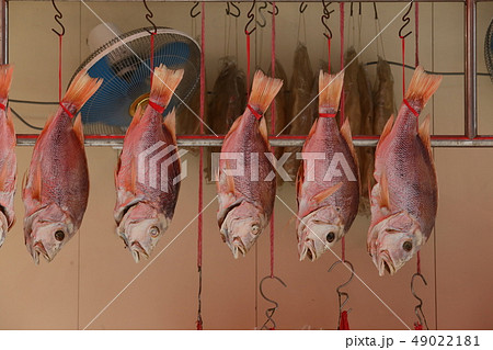 香港 徳輔道西で売られる高級食材の鹹魚 塩干し魚 ハムユイ 鹹魚 以前は庶民の食べ物で安かったの写真素材
