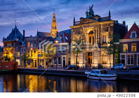 Canal and houses in the evening. Haarlem, Netherlands 49022508
