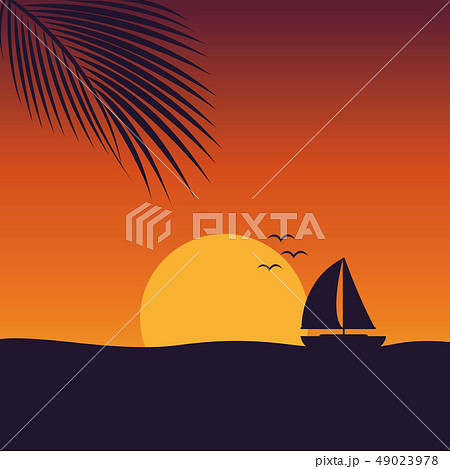 sunset at sea with yacht marine nature landscape with sailboat and palm leaf 49023978