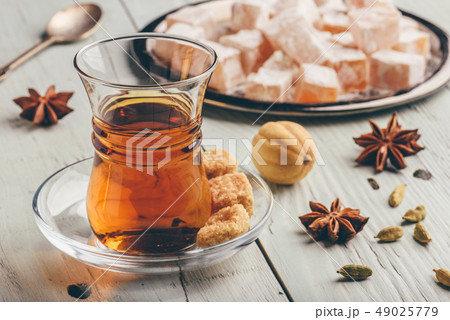 Tea with turkish delight Rahat Lokum and different 49025779