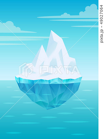 Iceberg floating on water waves with underwater part, bright blue sky with clouds, freshwater ice 49027064