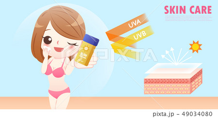 cute cartoon woman wear sunscreen 49034080