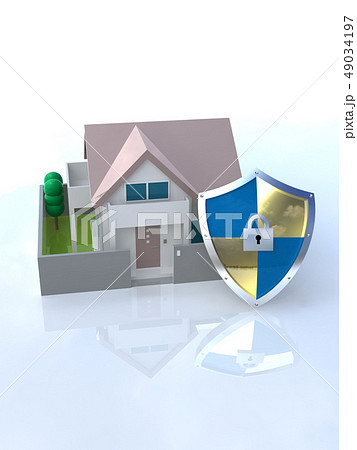 CG　3D　イラスト　デザイン　立体　セキュリティ　楯　ガード　家　住宅　防犯　防災　警備　安全　 49034197