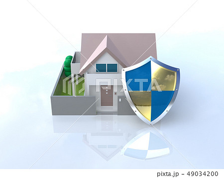 CG　3D　イラスト　デザイン　立体　セキュリティ　楯　ガード　家　住宅　防犯　防災　警備　安全　 49034200