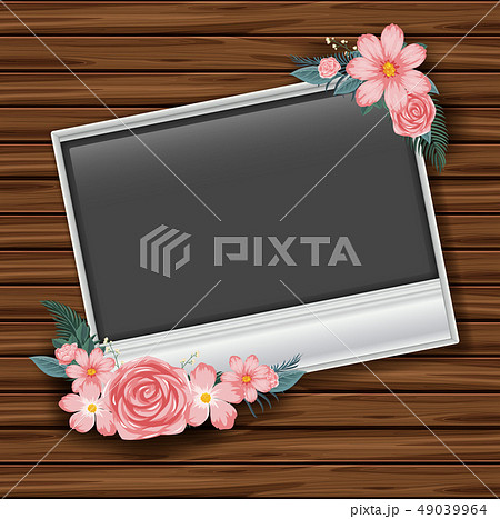 Border template with pink roses on wooden wall 49039964