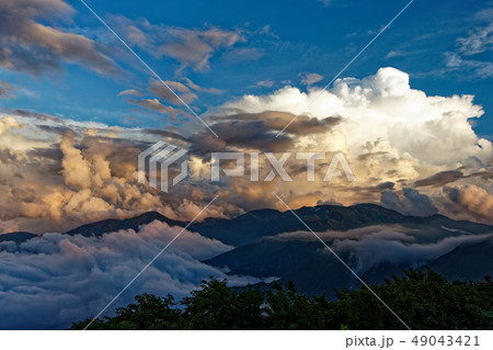 夕暮れの栂海新道・犬ヶ岳付近から見る積乱雲と朝日岳方面の山並み 夕暮れの栂海新道・犬ヶ岳付近から見る積乱雲と朝日岳方面の山並み 49043421