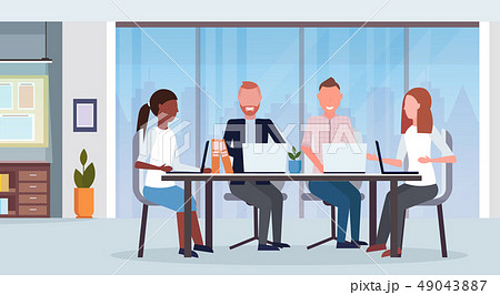 businesspeople group meeting conference mix race coworkers using laptop sitting at round table 49043887