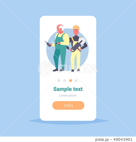 two construction workers holding screwdriver cutting pliers and handheld circular saw repair service two construction workers holding screwdriver cutting pliers and handheld circular saw repair service 49043901