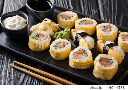 Japanese sushi set roll with rice, omelette, Japanese sushi set roll with rice, omelette, 49044588