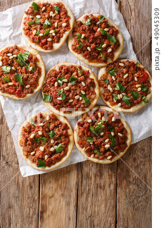 Lebanese Arab pizza with meat, tomatoes, spices Lebanese Arab pizza with meat, tomatoes, spices 49045309