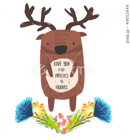 Cute childish hand drawn deer and flowers 49052649