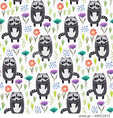 Childish pattern with raccoons, grass and flowers Childish pattern with raccoons, grass and flowers 49052655