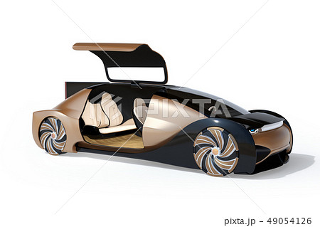 白バックにメタリックゴールド色の自動運転電気自動車高級サルーン。右ドアオープン状態。 白バックにメタリックゴールド色の自動運転電気自動車高級サルーン。右ドアオープン状態。 49054126