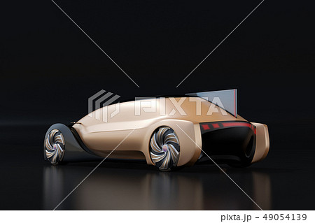 黒バックにメタリックゴールド色の自動運転電気自動車高級サルーンの後部イメージ 49054139