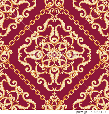 Seamless damask pattern. Golden beige on pink purple texture with chains. Vector illustration. 49055103