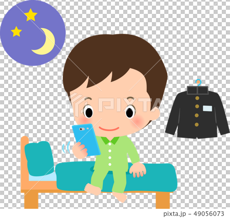 就寝前にスマートフォンを使う男の子のイラスト素材