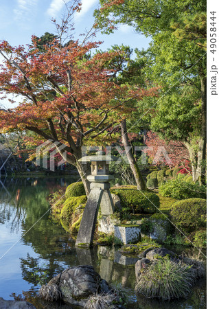 金沢観光 秋の兼六園 徽軫灯籠の写真素材