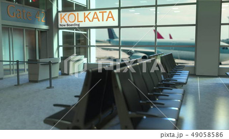Kolkata flight boarding now in the airport terminal. Travelling to India conceptual 3D rendering Kolkata flight boarding now in the airport terminal. Travelling to India conceptual 3D rendering 49058586