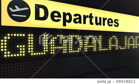 Flight to Guadalajara on international airport departures board. Travelling to Mexico conceptual 3D 49058822