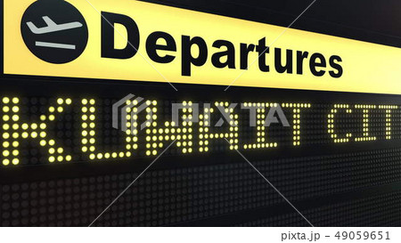 Flight to Kuwait City on international airport departures board. Travelling to Kuwait conceptual 3D 49059651