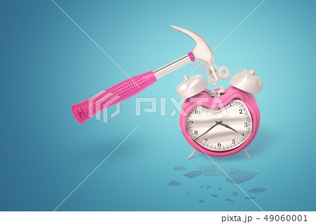 3d rendering of a metal hammer with a pink handle crashing a pink alarm clock on a blue background. 49060001