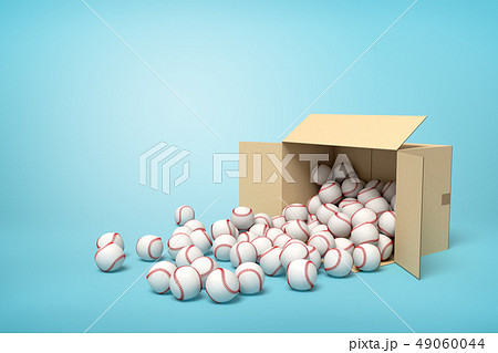 3d rendering of open cardboard box lying sidelong full of baseballs with some balls on floor. 3d rendering of open cardboard box lying sidelong full of baseballs with some balls on floor. 49060044