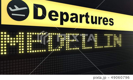 Flight to Medellin on international airport departures board. Travelling to Colombia conceptual 3D Flight to Medellin on international airport departures board. Travelling to Colombia conceptual 3D 49060796