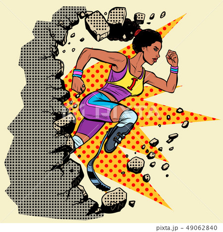 breaks the wall disabled African woman runner with leg prostheses running forward. sports 49062840