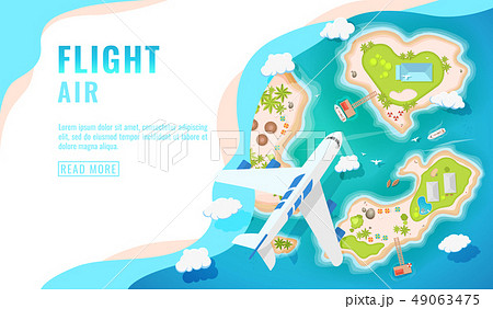 Landing page design, banner with airplane flying over tropical island, top view., passenger aircraft 49063475
