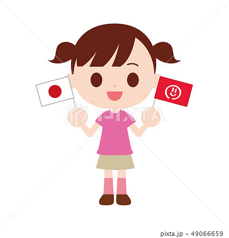 旗を二本もって応援する女の子 日本国旗 スマイルマーク旗のイラスト素材