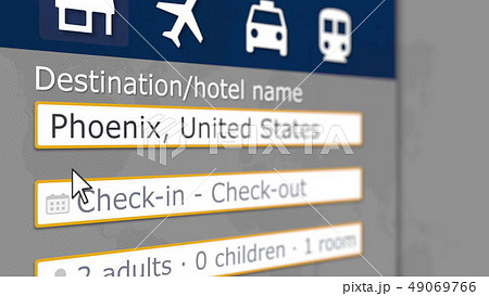 Online hotel search in Phoenix on some booking site. Travel to the United States conceptual 3D 49069766