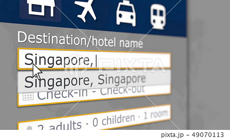 Online hotel search in Singapore on some booking site. Travel to Singapore conceptual 3D rendering 49070113