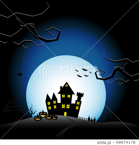 Halloween pumpkins and castle with blue Moon Halloween pumpkins and castle with blue Moon 49074176
