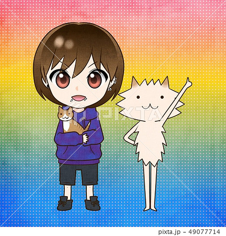 ペットと撮影会 ネコとイヌと飼い主さん グラデーション 虹色背景 のイラスト素材