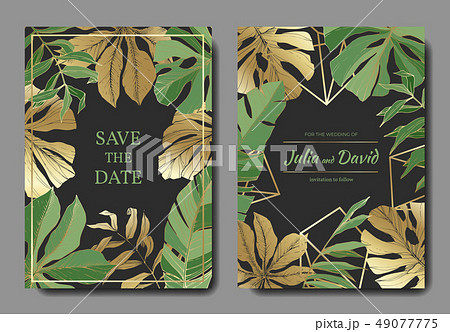 Vector Tropical leaves. Gold and green engraved ink art. Wedding background card floral decorative 49077775