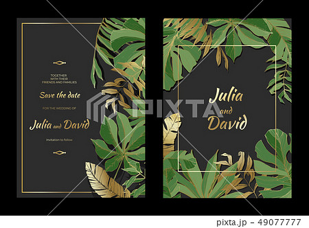 Vector Tropical leaves. Gold and green engraved ink art. Wedding background card floral decorative 49077777