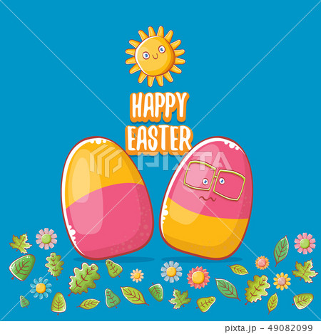 Happy easter cartoon greeting card with cute colorful cartoon egg character and sun isolate on blue Happy easter cartoon greeting card with cute colorful cartoon egg character and sun isolate on blue 49082099
