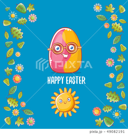 Happy easter cartoon greeting card with cute colorful cartoon egg character and sun isolate on blue 49082191