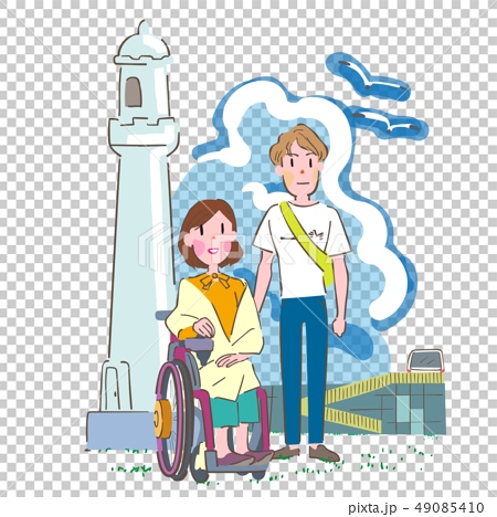 灯台のある岬に遊びに来た車椅子の女性と男性のカップル イラストのイラスト素材