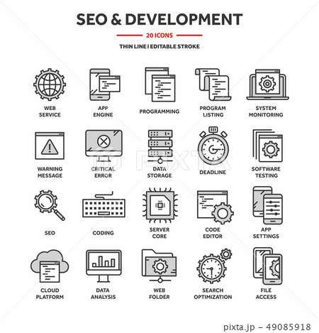 Seo and app development. Search engine optimization. Internet, e-commerce.Thin line blue web icon Seo and app development. Search engine optimization. Internet, e-commerce.Thin line blue web icon 49085918