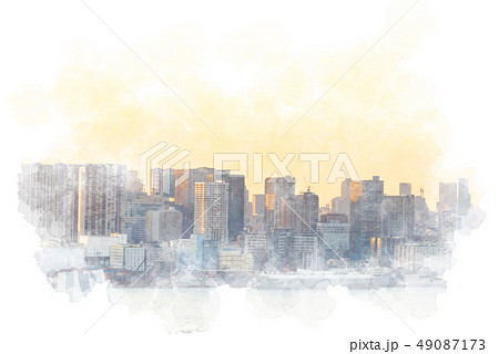 お台場から見た都市風景　水彩画風 49087173